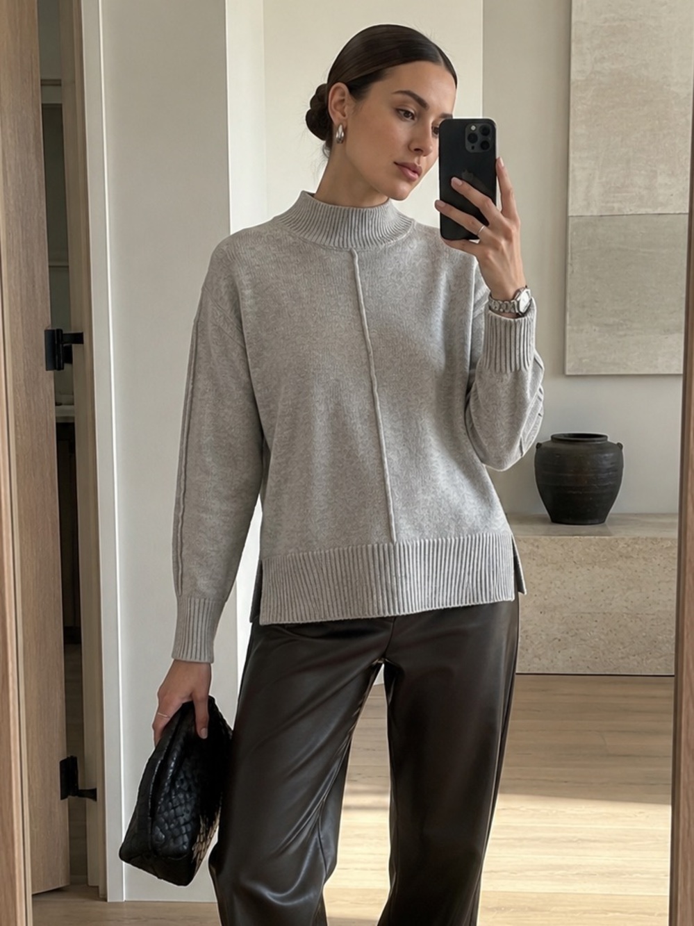 H&M Wool Cashmere Blend Light Grey Knit Sweater Ribbed Hem Minimalist Pullover M
